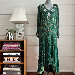 Vintage Green Beaded Maxi Dress with Gold & White Accents